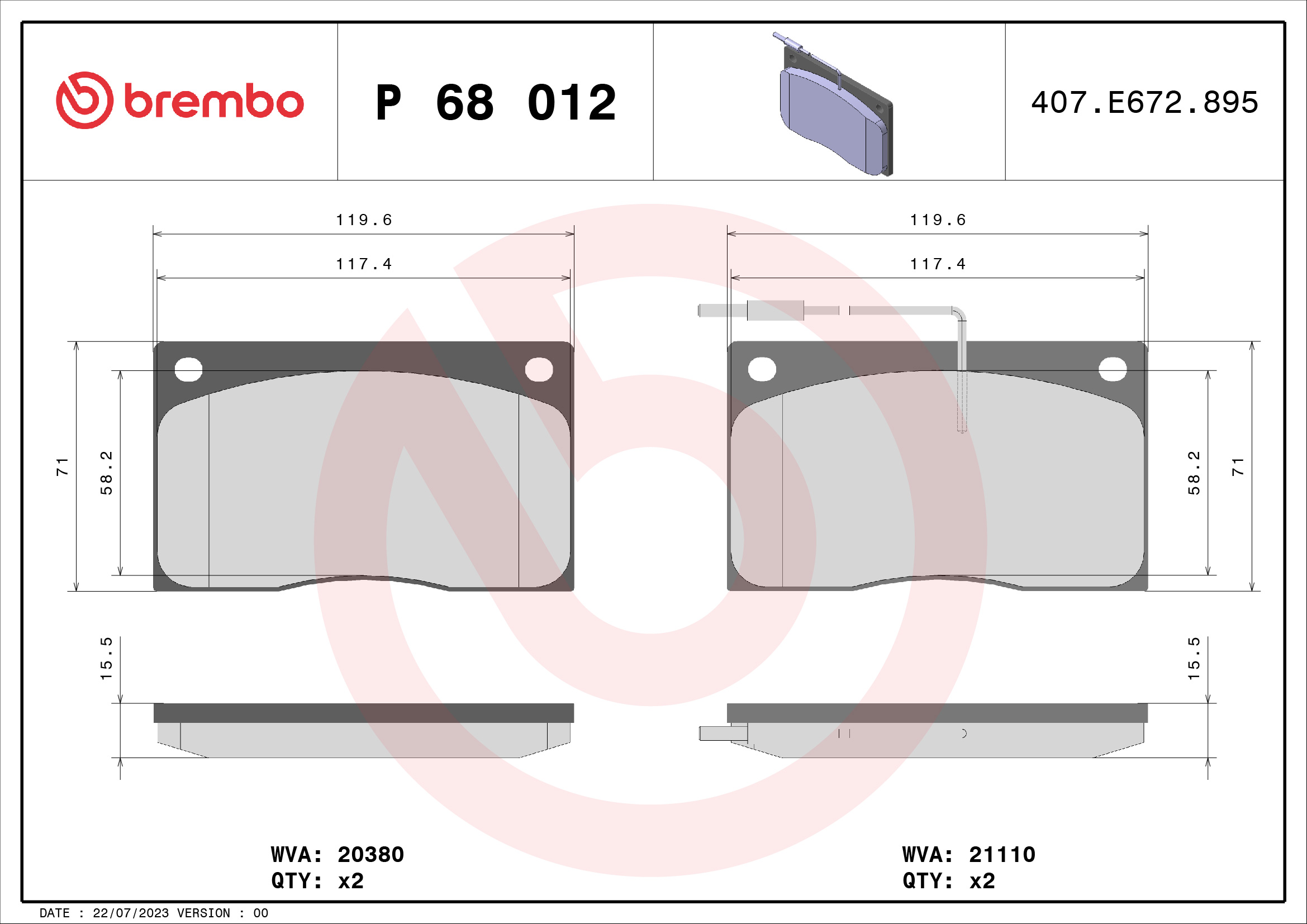 A.B.S. P 68 012 BREMBO Bremsbelagsatz, Scheibenbremse